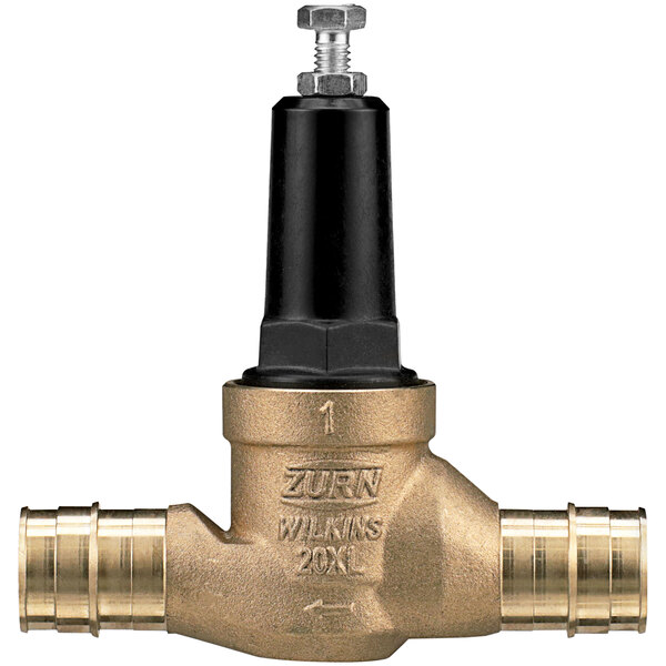 A Zurn brass water pressure reducing valve with brass pipes on the sides.