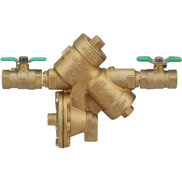 A close-up of a brass Zurn Reduced Pressure Principle Backflow Assembly valve.