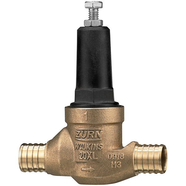 A Zurn brass water pressure reducing valve with crimp PEX connections.