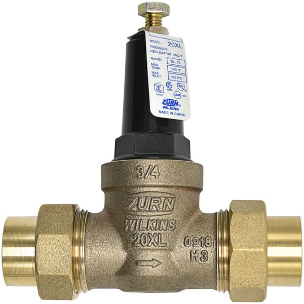 A Zurn brass water pressure reducing valve with a black and gold label.
