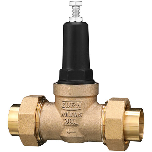 A Zurn brass water pressure reducing valve with a black handle.