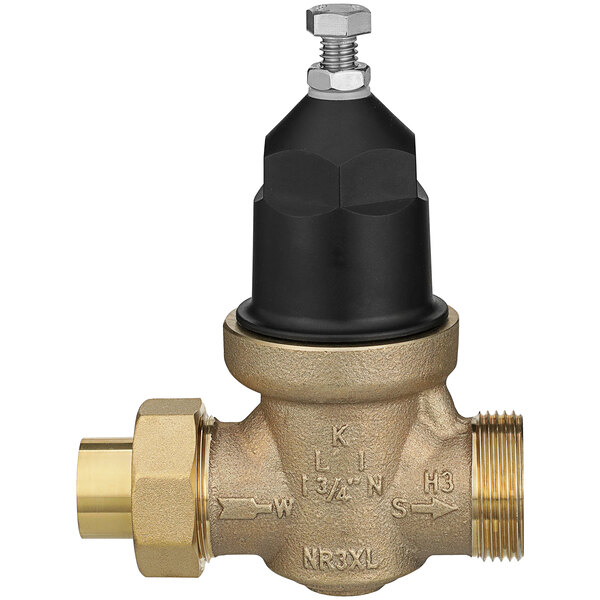 A Zurn brass water pressure reducing valve with black components.