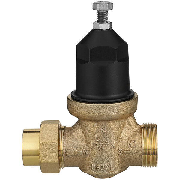A Zurn brass water pressure reducing valve with a black cap.