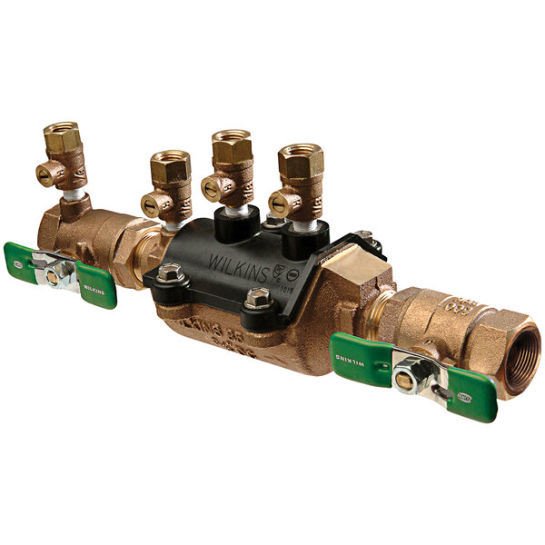 A Zurn double check valve with brass fittings and valves.