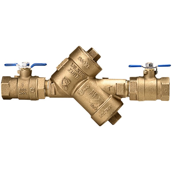 A close-up of a Zurn brass pipe wye pattern valve with blue handles.