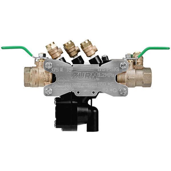 A Zurn reduced pressure principle backflow preventer with brass valves and metal plate.