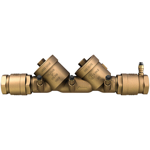 A Zurn double check valve backflow preventer with brass check covers on a white background.