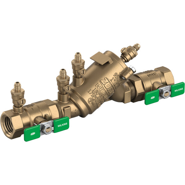 A Zurn brass double check valve with green handles.