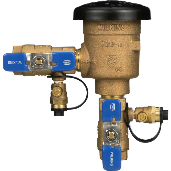 A Zurn 3/4" Pressure Vacuum Breaker with blue and gold fittings.