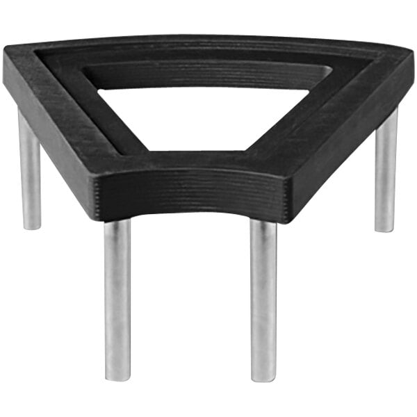 A black triangle shaped wood display stand with silver legs.