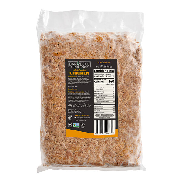 A plastic bag of Barvecue Plant-Based Vegan Naked Shredded Chicken with a label.