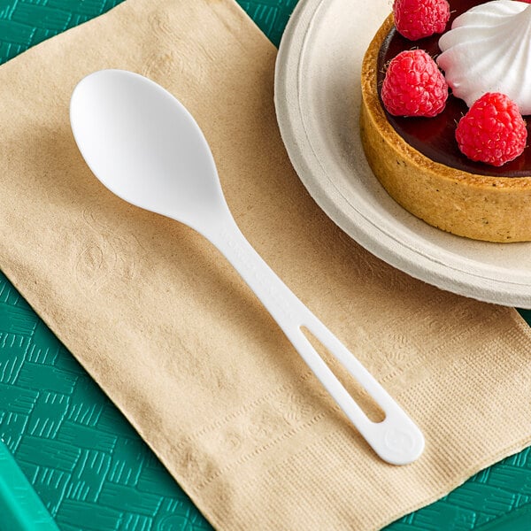 A World Centric compostable spoon on a plate with a dessert.