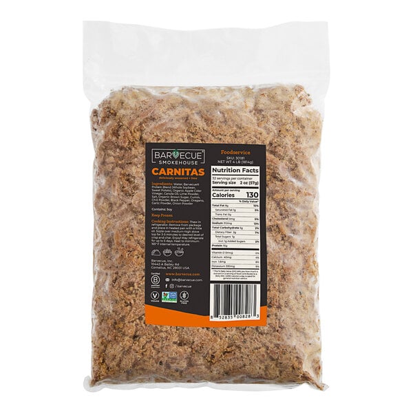 A bag of Barvecue Plant-Based Vegan Wood-Smoked Carnitas with a black and white label.