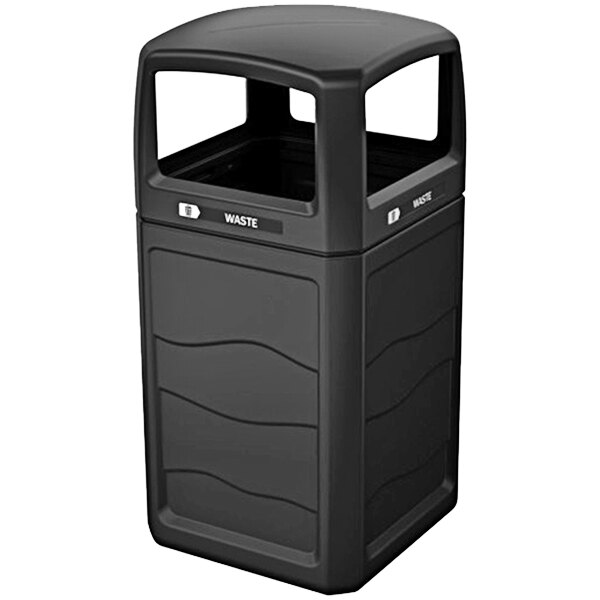 A black Busch Systems Renegade decorative waste receptacle with the top open.
