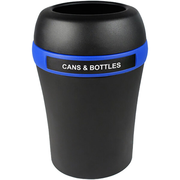 A black Busch Systems decorative container with blue trim.
