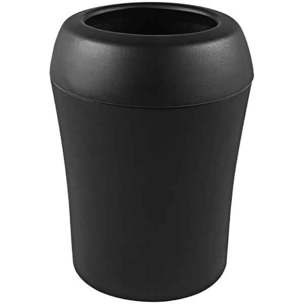 A black plastic Busch Systems Infinite Select decorative waste receptacle with a lid.