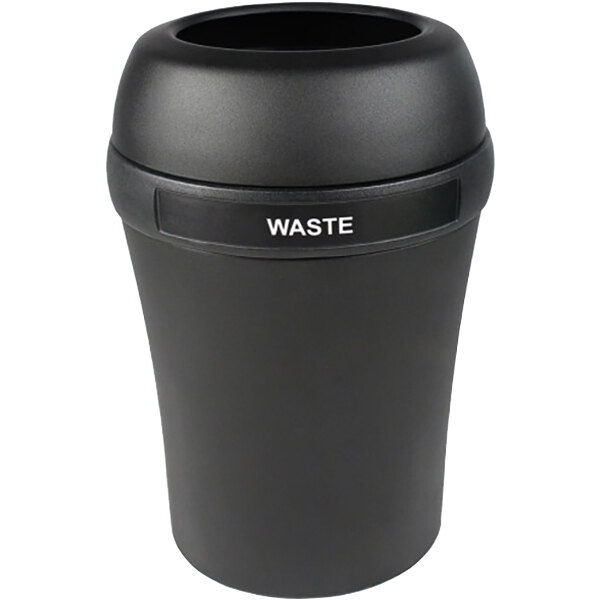 A black Busch Systems Infinite Elite decorative waste receptacle with a lid.