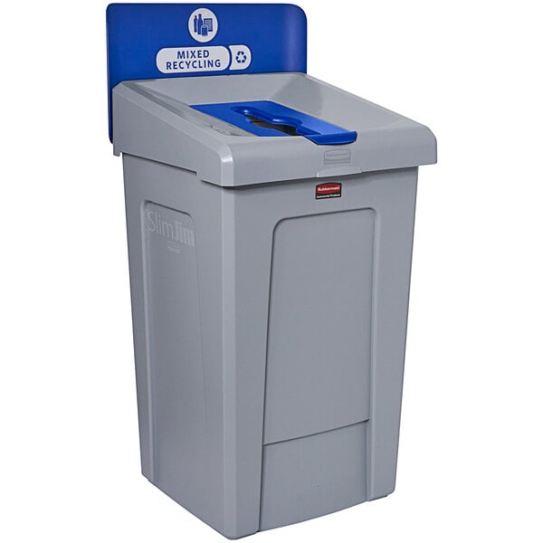 A Rubbermaid Slim Jim mixed recycling station with a grey and blue recycle bin and lid.