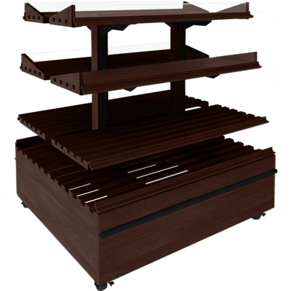 A brown wooden Marco Company bakery display with adjustable shelves on a brown surface.