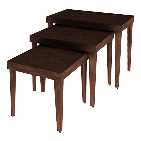 A stack of three wood tables with tapered legs.