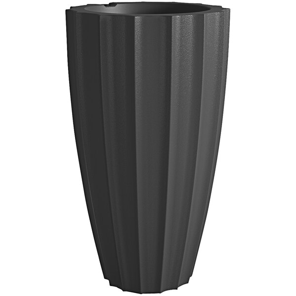 A graphite gray Mayne Sedona planter with a curved design.