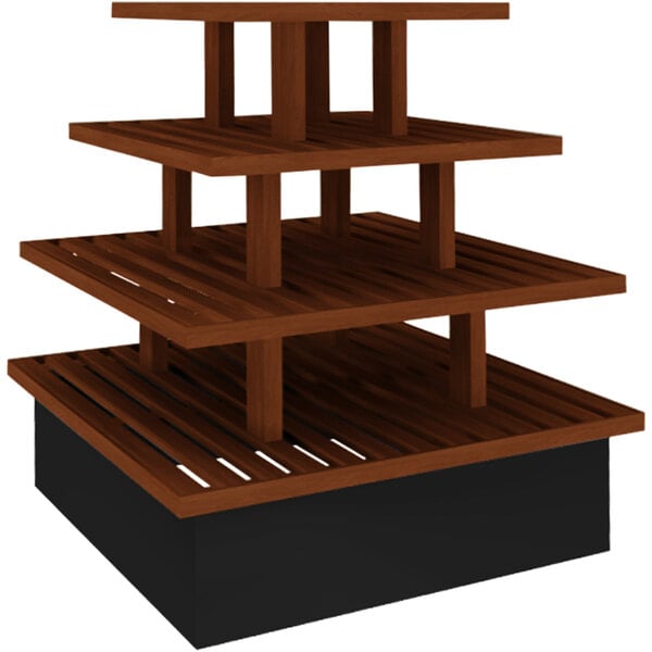 A wooden shelf with four shelves on a black base.