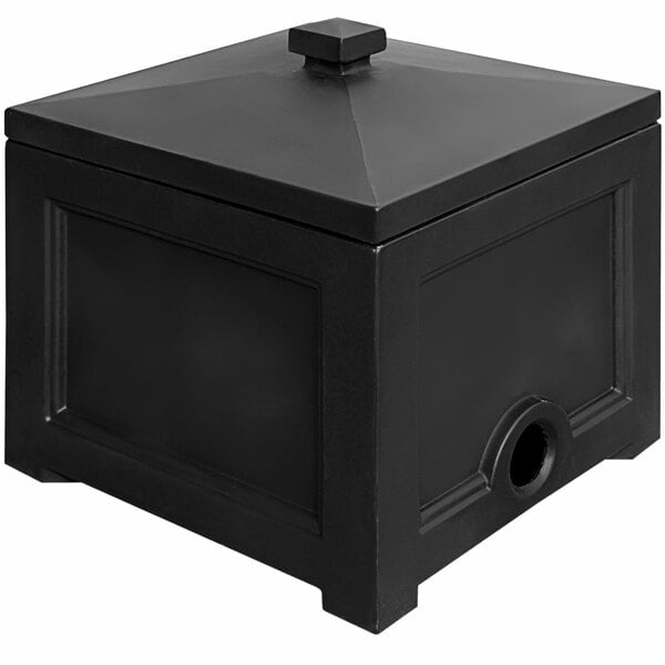 A black square garden hose bin with a lid on it.