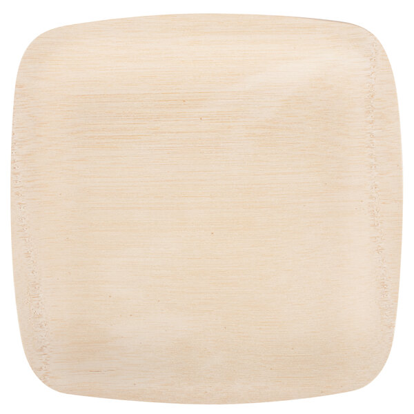 A close up of a Bambu square wooden plate.