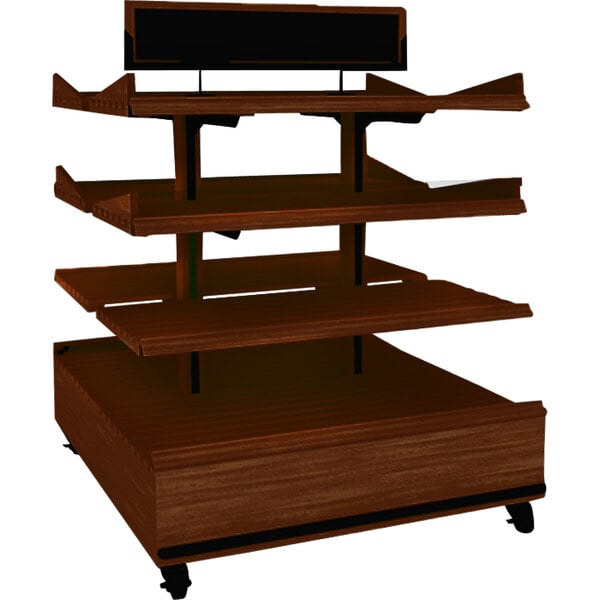 A Marco Company Select Cherry Island Bakery Display with wooden shelves on wheels.