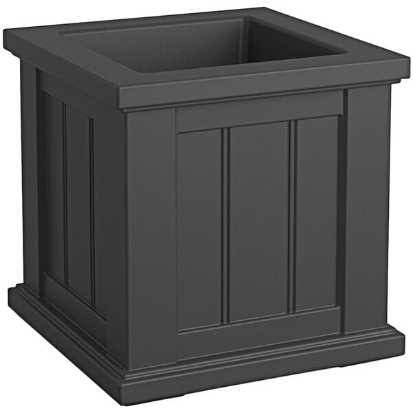 A graphite gray square box planter with a square bottom.