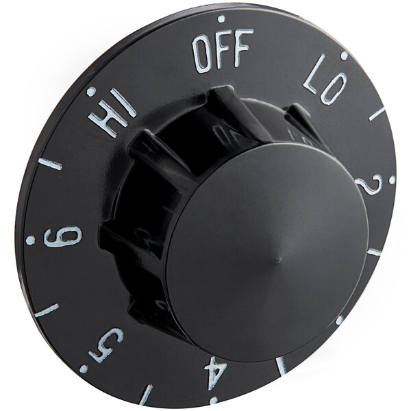 A black Robertshaw steam table knob with white writing and numbers.