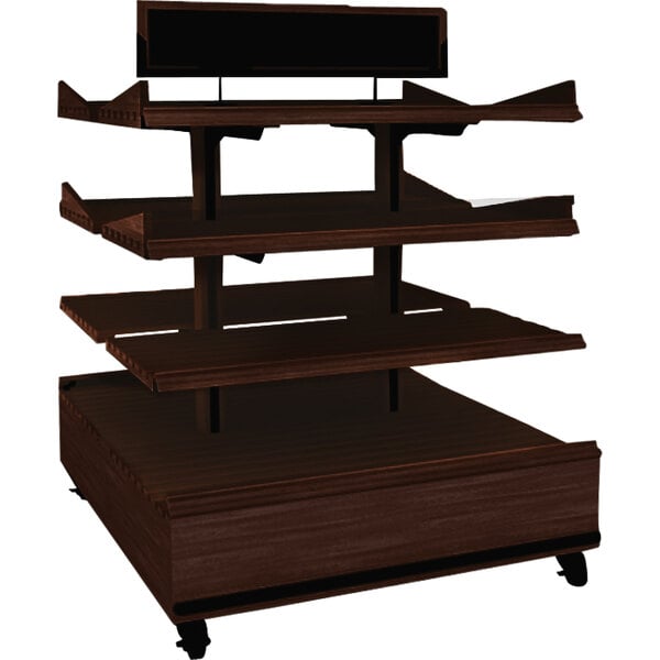 A Marco Company cocoa maple island bakery display with adjustable shelves on wheels.