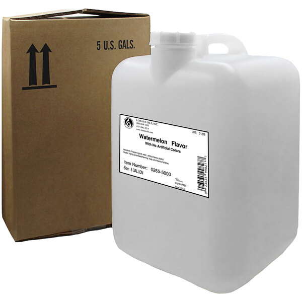 A white 5 gallon pail of LorAnn Oils Watermelon Super Strength Flavor with a label next to a cardboard box.