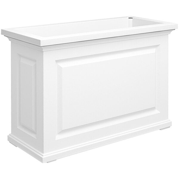 A white rectangular box planter with a rectangular bottom.