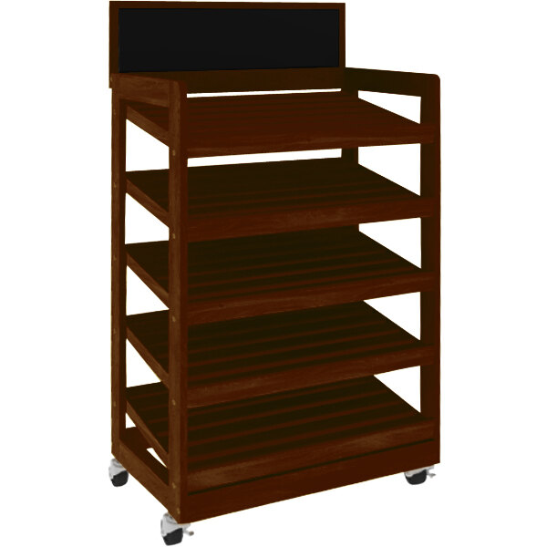 A brown wood bakery display shelf with black shelves on wheels.