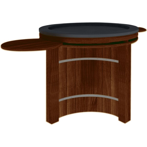 A round wooden produce display bin with a black cherry top.