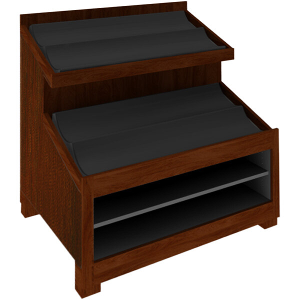 A wooden display rack with black shelves.