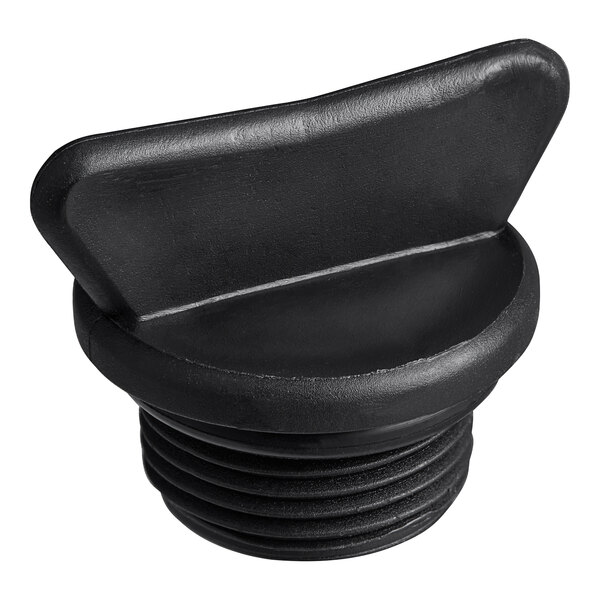 A black plastic Lavex water drain cap with a screw.