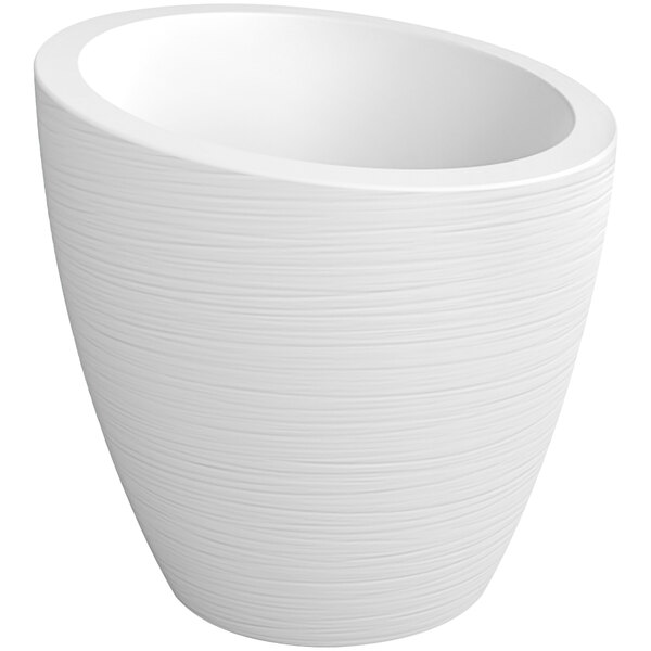 A white bowl with a curved surface and a white rim.