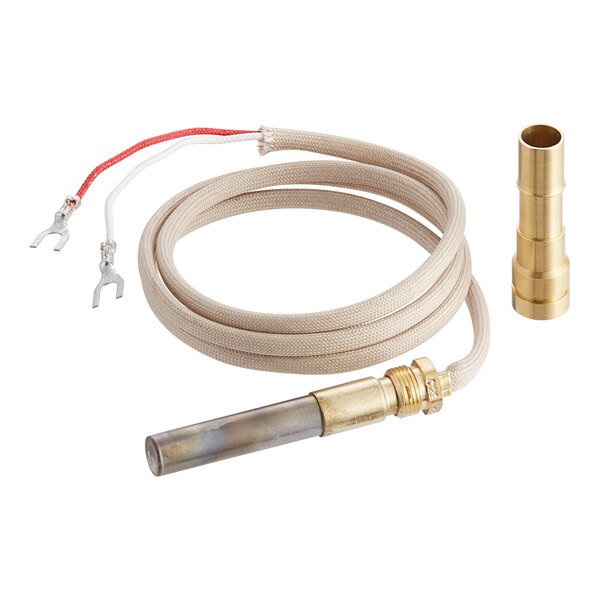 A Robertshaw 2-lead thermopile with a metal tube and gold and white cables.