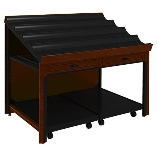 A wooden desk with a black top and a cherry wood base.