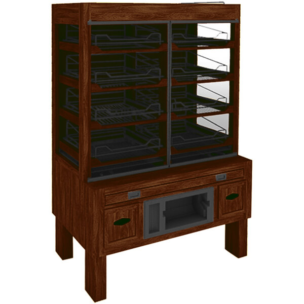 A Marco Company Select Cherry wood bakery display case with shelves.
