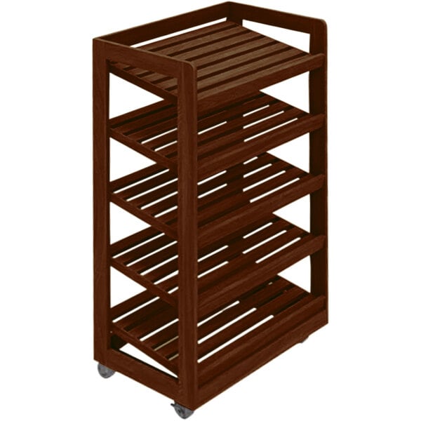 A brown wooden bakery display shelving unit on wheels with four shelves.