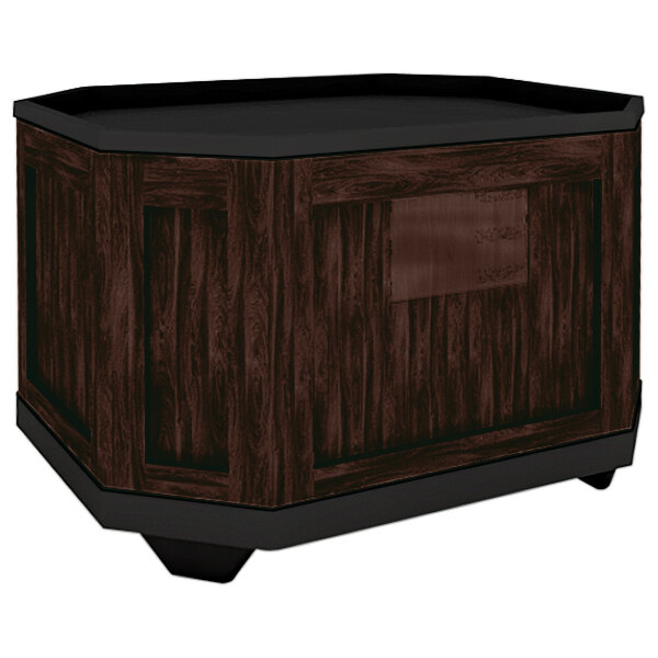 A Marco Company wooden octagonal produce display bin with a black top.