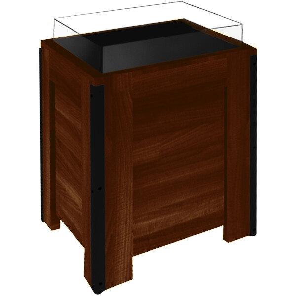 A wooden produce display bin with a clear glass top on a wood surface.