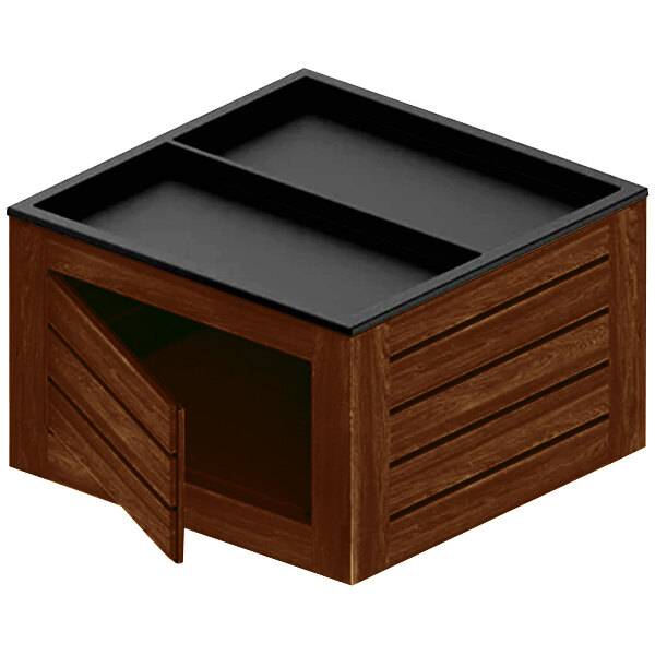 A wooden Marco Company produce display bin with a black top.