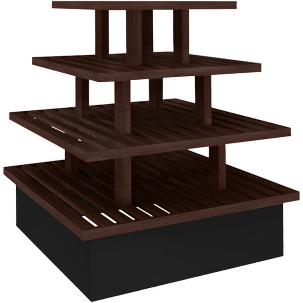 A Marco Company wooden four-tier bakery display with shelves.