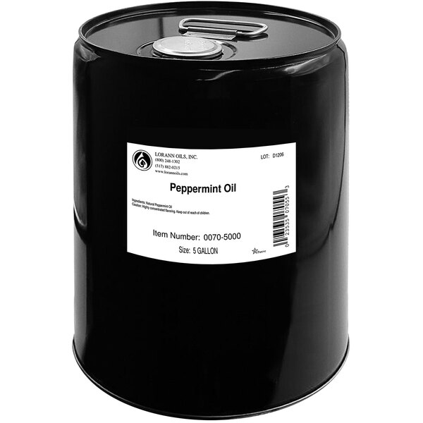 A black barrel with a white label reading "LorAnn Oils All-Natural Peppermint Super Strength Flavor"