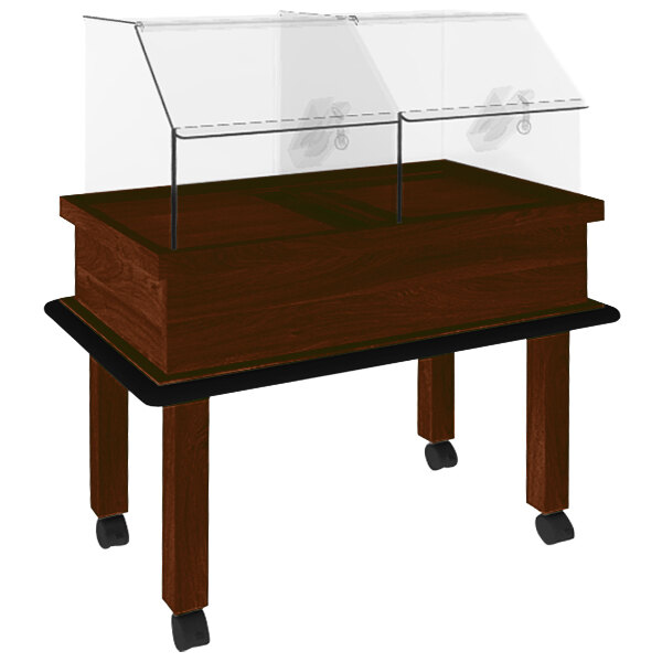A Marco Company Select Cherry wooden bakery display case with clear glass cover on wheels.