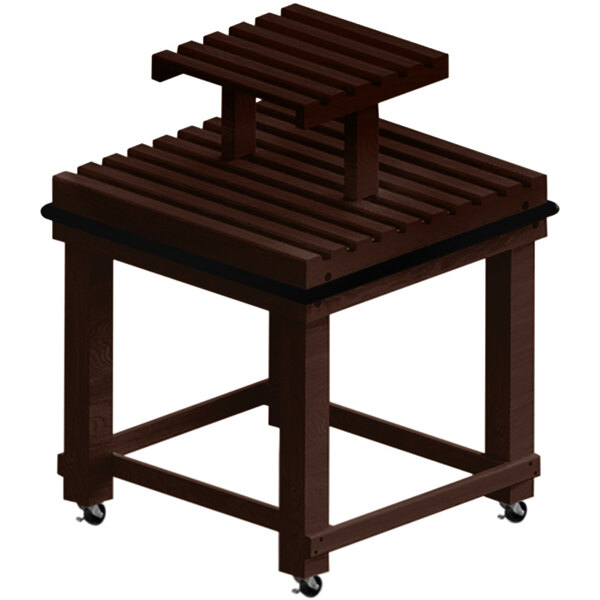 A Marco Company cocoa maple slat display table with wheels.